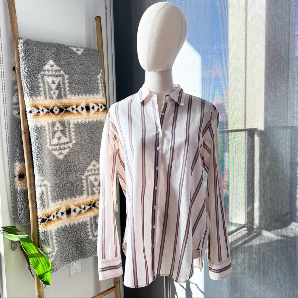 Xirena Beige Orange Vertical Striped Long Sleeve Button Down Shirt Women’s Small